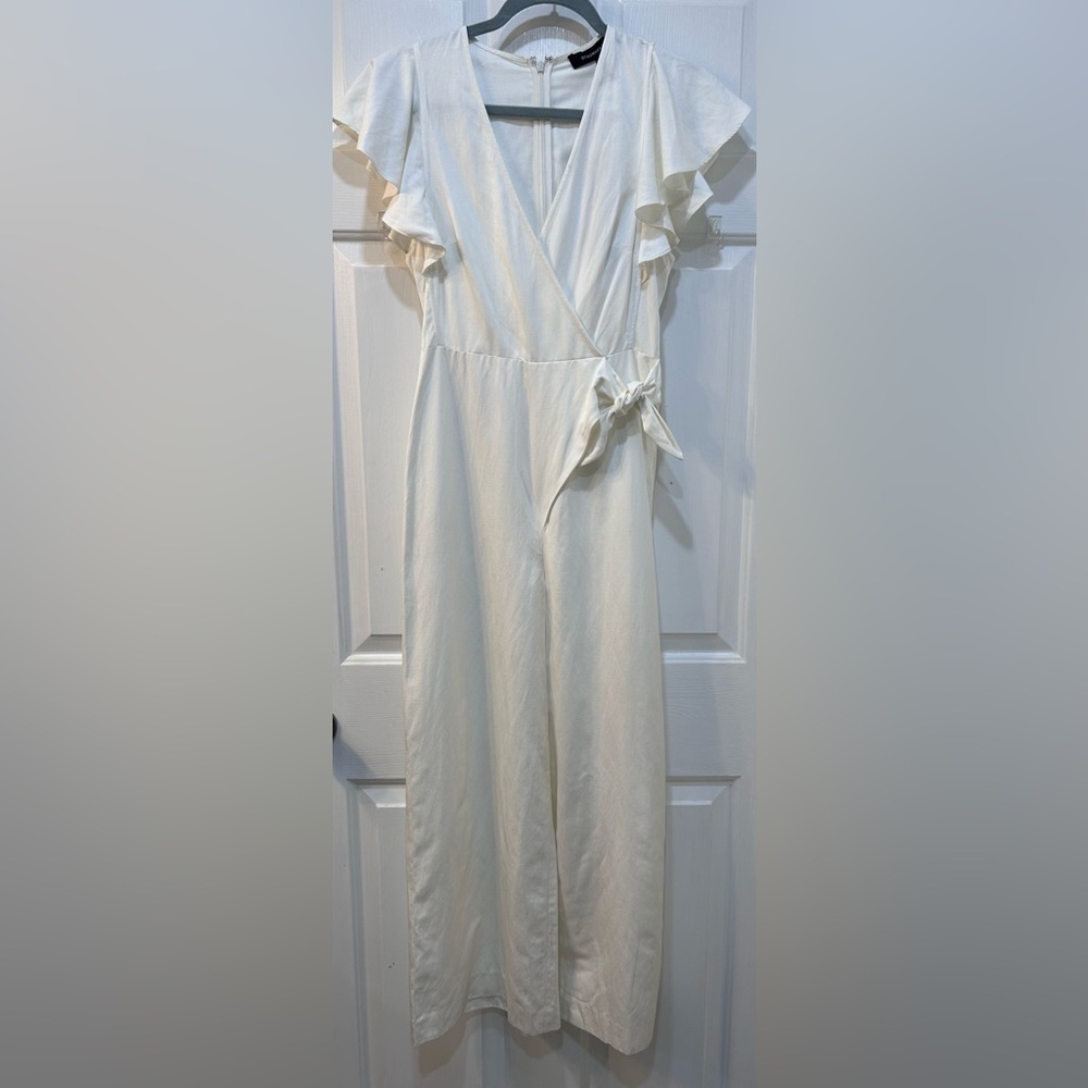$348 BCBGMAXAZRIA Linen Infused Jumpsuit NWT Sz XS‎ Optic White Bride Honeymoon